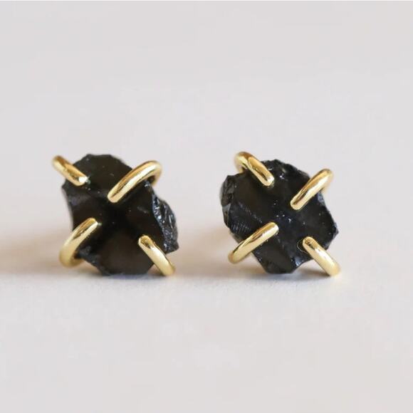 NEW ANTHROPOLOGIE JaxKelly 18kt Gold Obsidian Stone Natural Gemstone Earring - Picture 1 of 7
